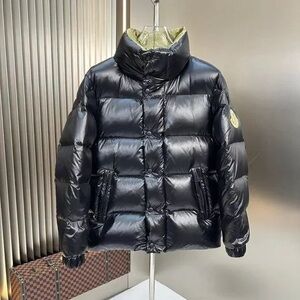 Moncler hooded down jacket with yellow and large labels